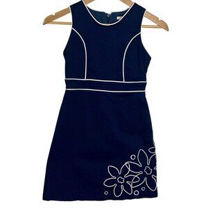 Navy Sleeveless KC Parker Girls Dress 8 White Piping Floral Embroidery Dressy